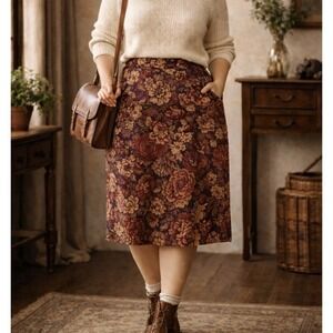 Briggs Floral Midi Skirt size 16 Plus Vintage Cottagecore Dark Academia Indie